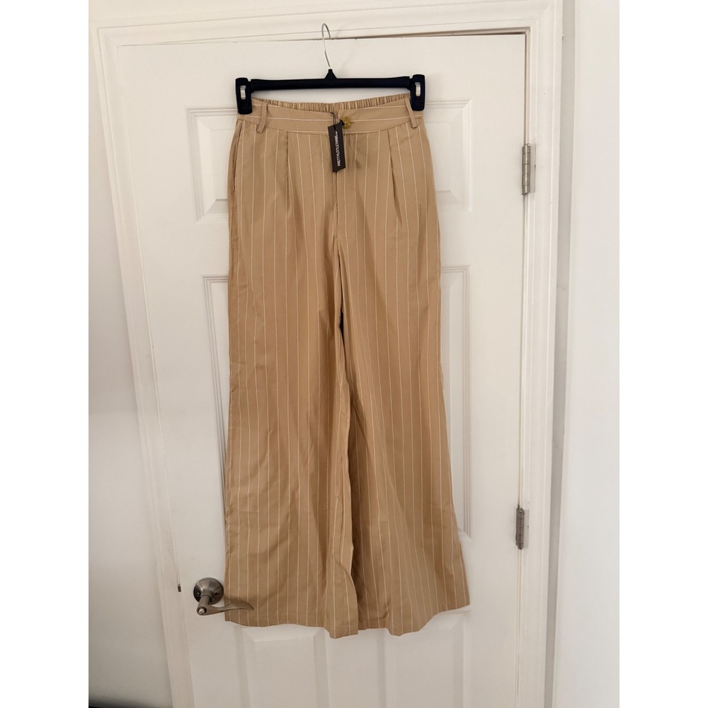 PrettyLittleThing Stone Poplin Pinstripe‎ Tailored Wide Leg Trousers US 4 NEW